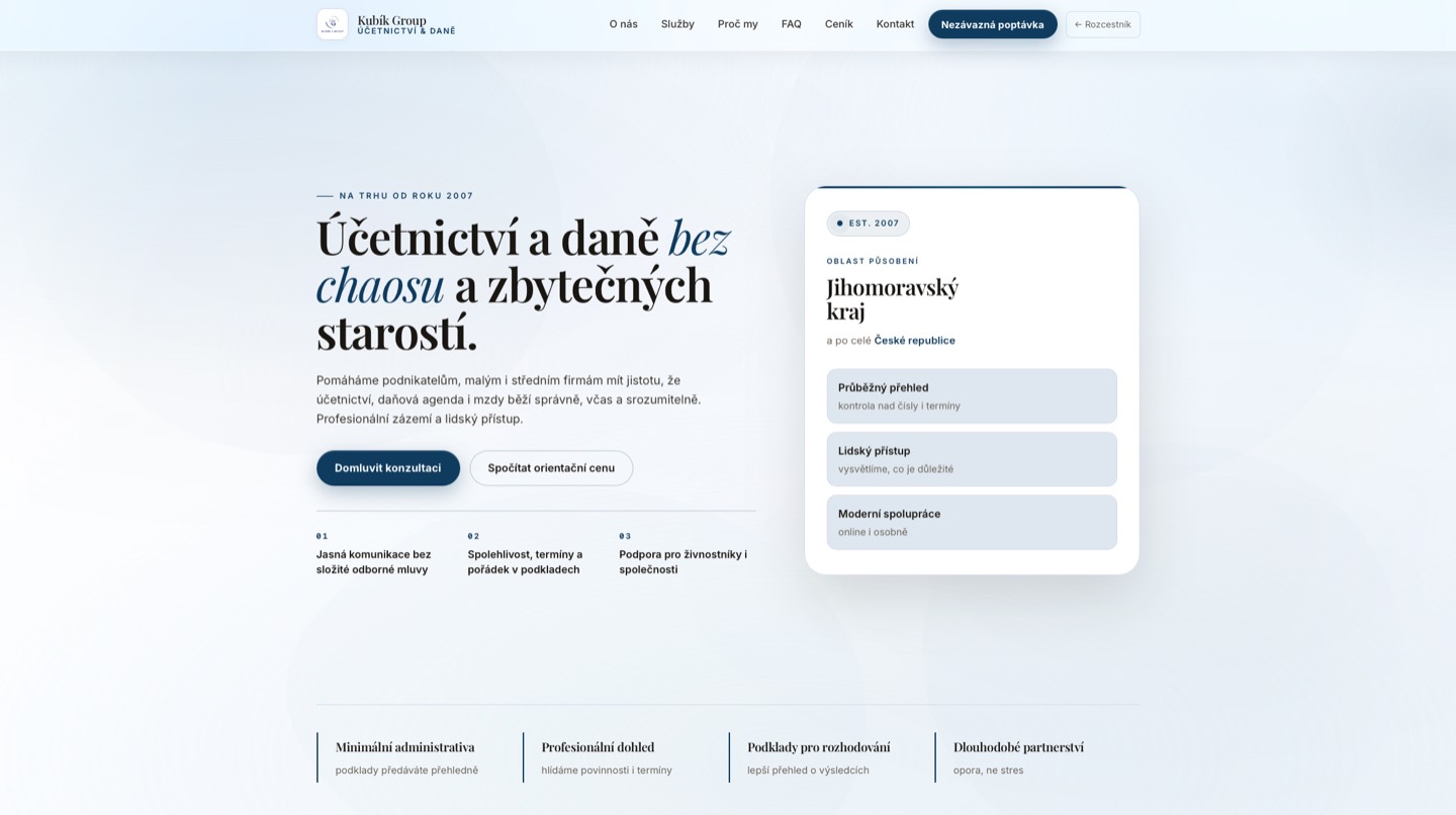 Náhled webu Kubík Group Účetnictví a daně na desktopu